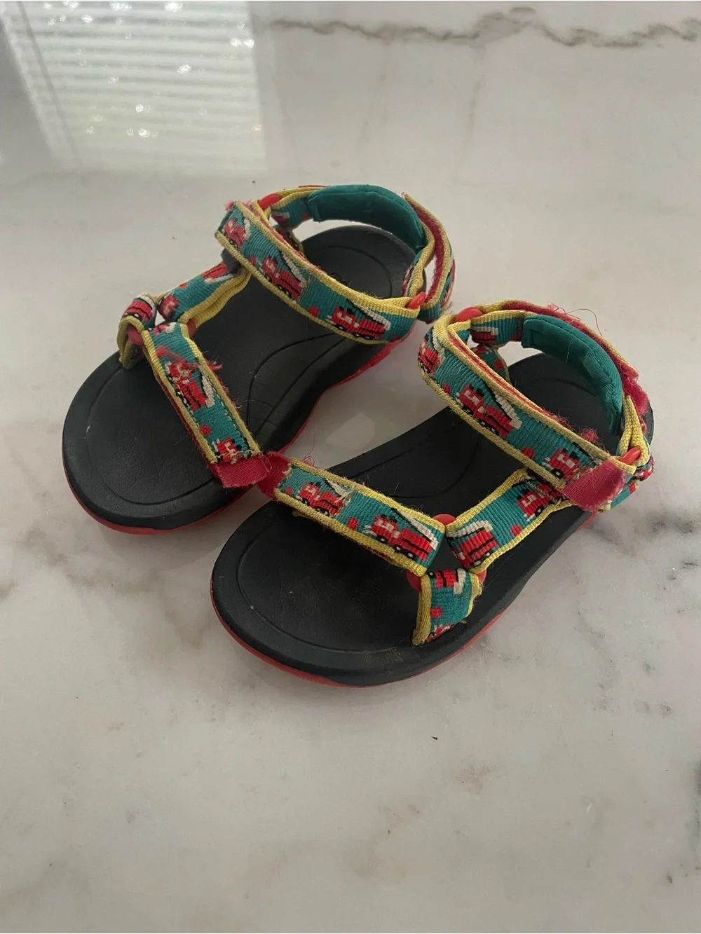 Teva Kids 9.5 Teal and Red Strap Sandals with Firetruck Print #0208